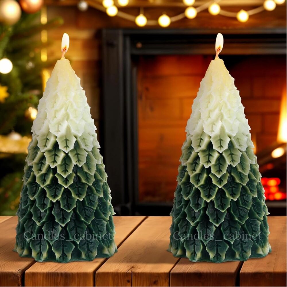 CANDLE_CABINETS 2 Pcs Christmas Tree Shaped Candles Large White Green Xmas Wax Scented Candles 2.5 x 5.5 inch Snow Tree Shaped Candle for Christmas Holiday Table Decoration
