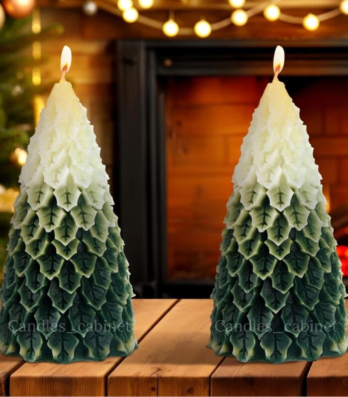 CANDLE_CABINETS 2 Pcs Christmas Tree Shaped Candles Large White Green Xmas Wax Scented Candles 2.5 x 5.5 inch Snow Tree Shaped Candle for Christmas Holiday Table Decoration