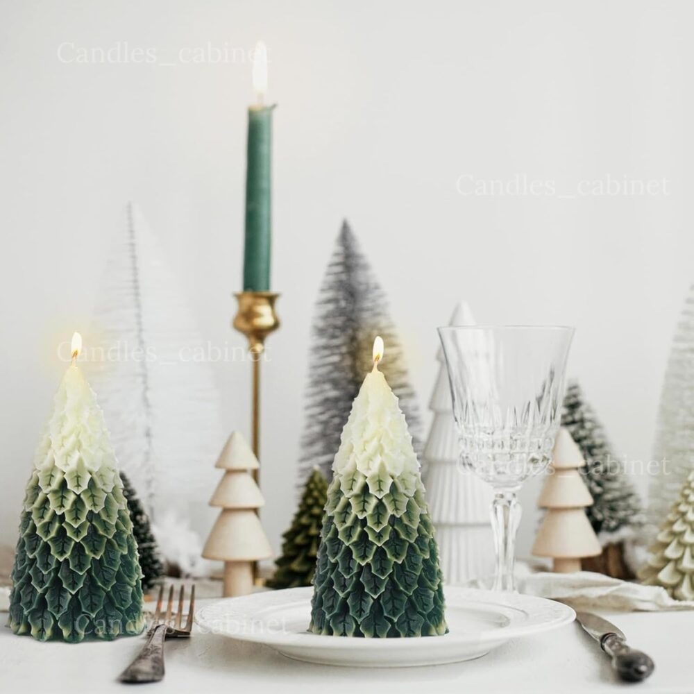 CANDLE_CABINETS 2 Pcs Christmas Tree Shaped Candles Large White Green Xmas Wax Scented Candles 2.5 x 5.5 inch Snow Tree Shaped Candle for Christmas Holiday Table Decoration - Image 2