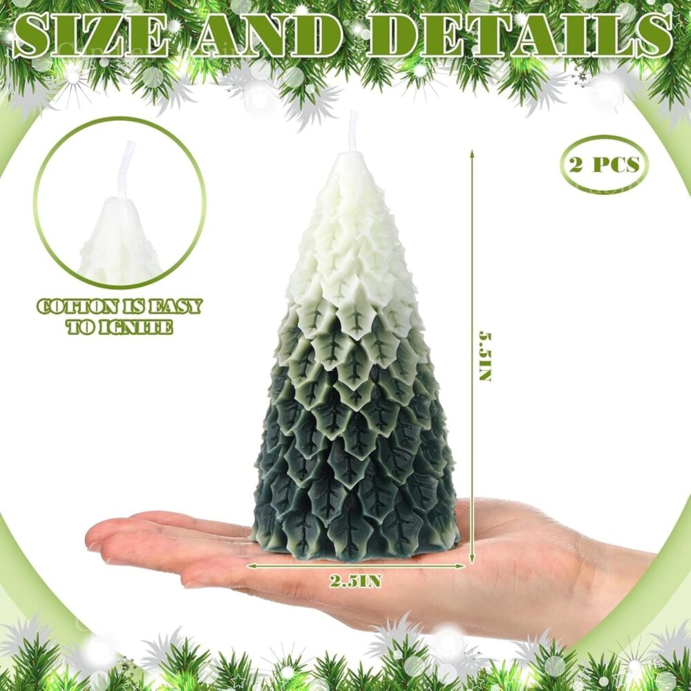 CANDLE_CABINETS 2 Pcs Christmas Tree Shaped Candles Large White Green Xmas Wax Scented Candles 2.5 x 5.5 inch Snow Tree Shaped Candle for Christmas Holiday Table Decoration - Image 4