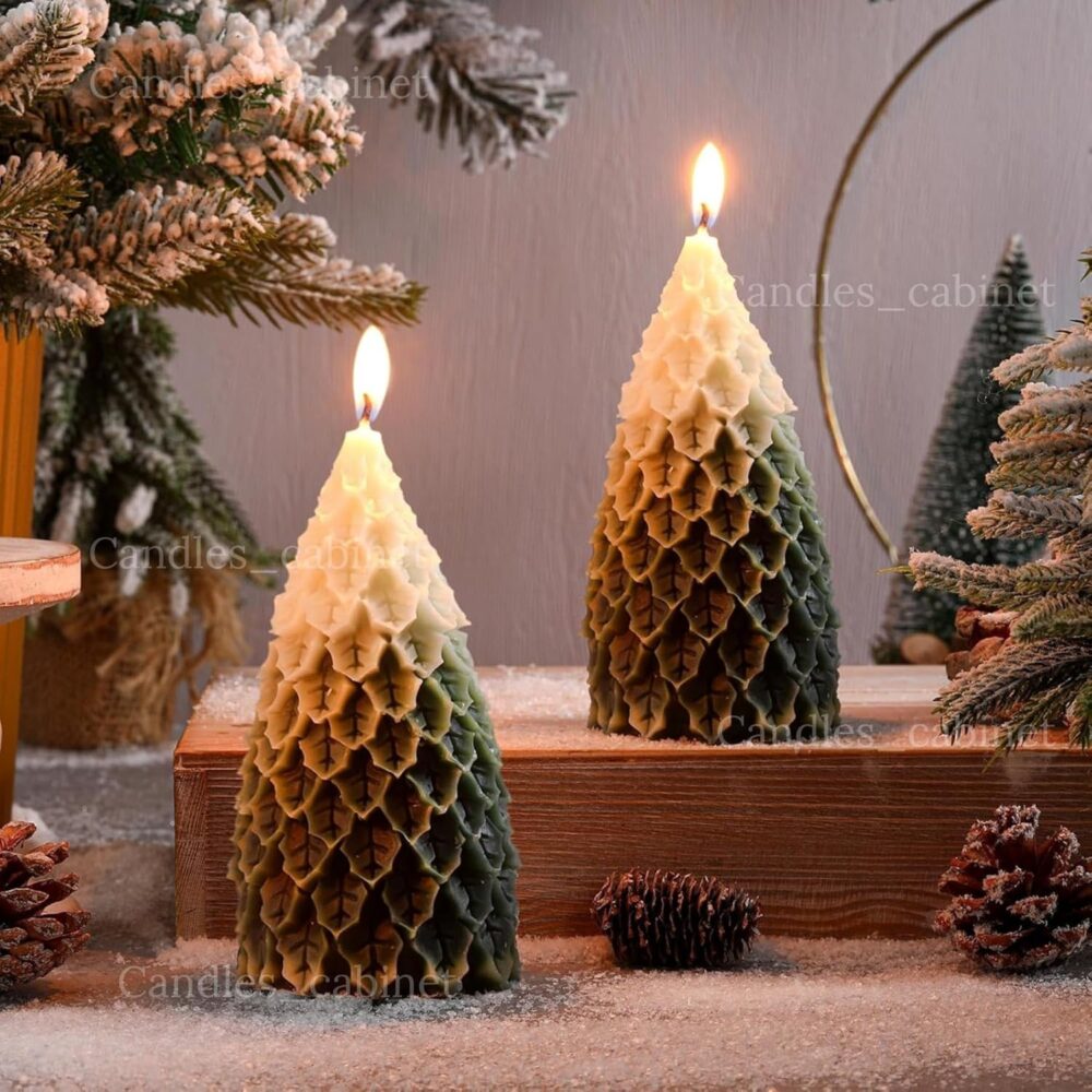 CANDLE_CABINETS 2 Pcs Christmas Tree Shaped Candles Large White Green Xmas Wax Scented Candles 2.5 x 5.5 inch Snow Tree Shaped Candle for Christmas Holiday Table Decoration - Image 5