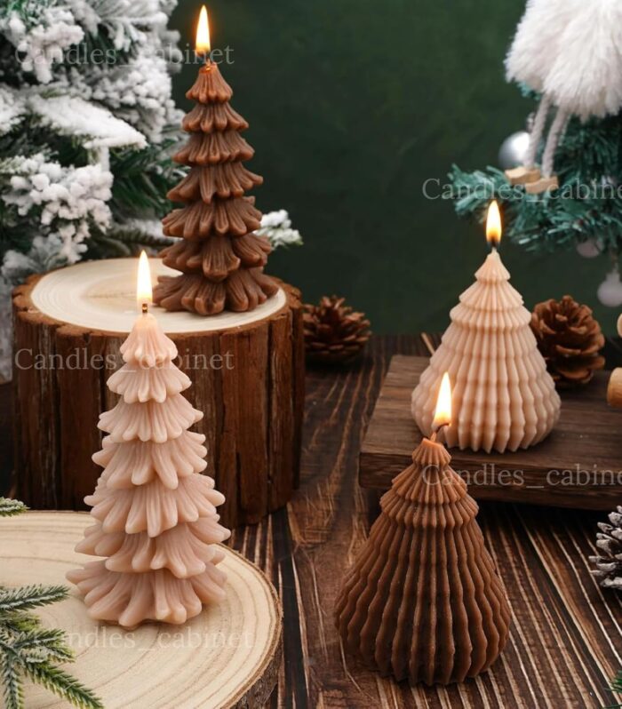 CANDLE_CABINETS 4Pcs Christmas Scented Candle Set Origami Coniferous Christmas Tree Candles Brown Colors Xmas Wax Candles for Winter Holiday Room Table Decor Gifts Supplies