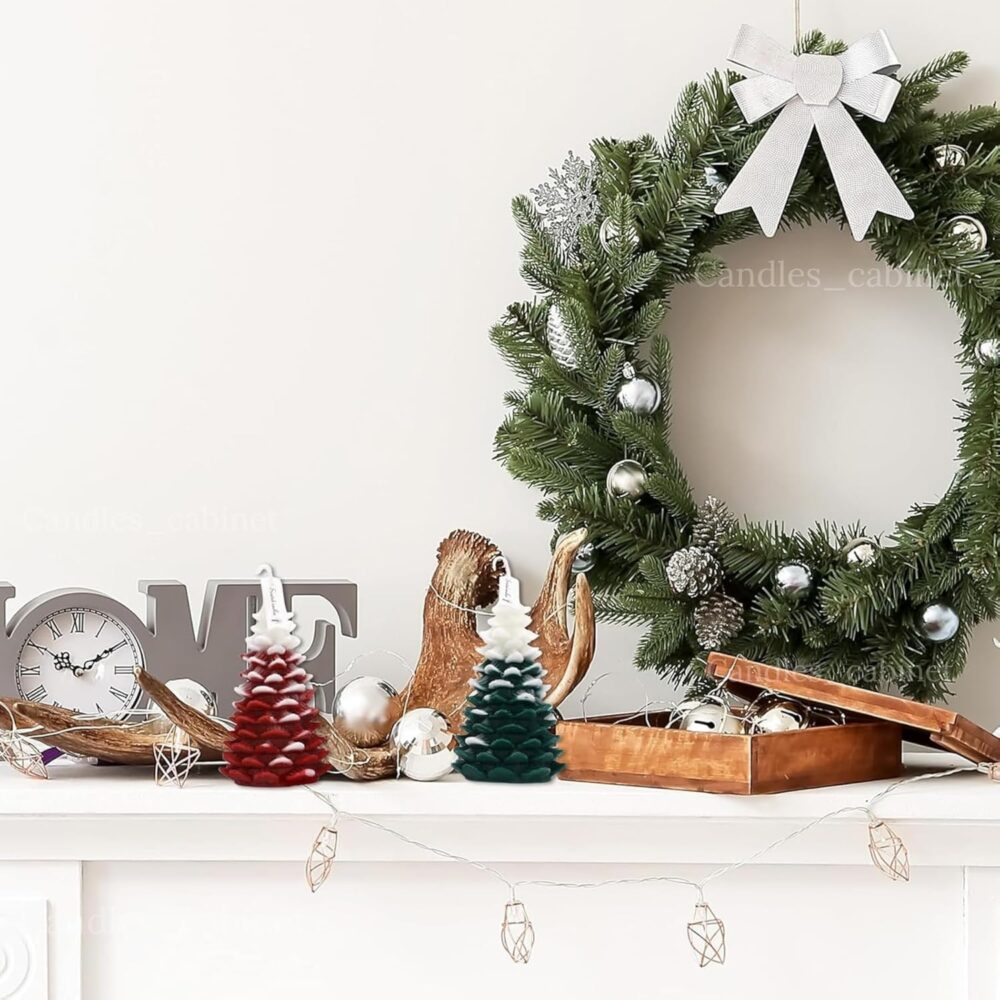 CANDLE_CABINETS 2Pcs Christmas Tree Shaped Candle Set Red White Green Xmas Wax Scented Candles for Winter Holiday Party New Year Table Decor Gifts, 2 x 2 x 3.7 in - Image 3