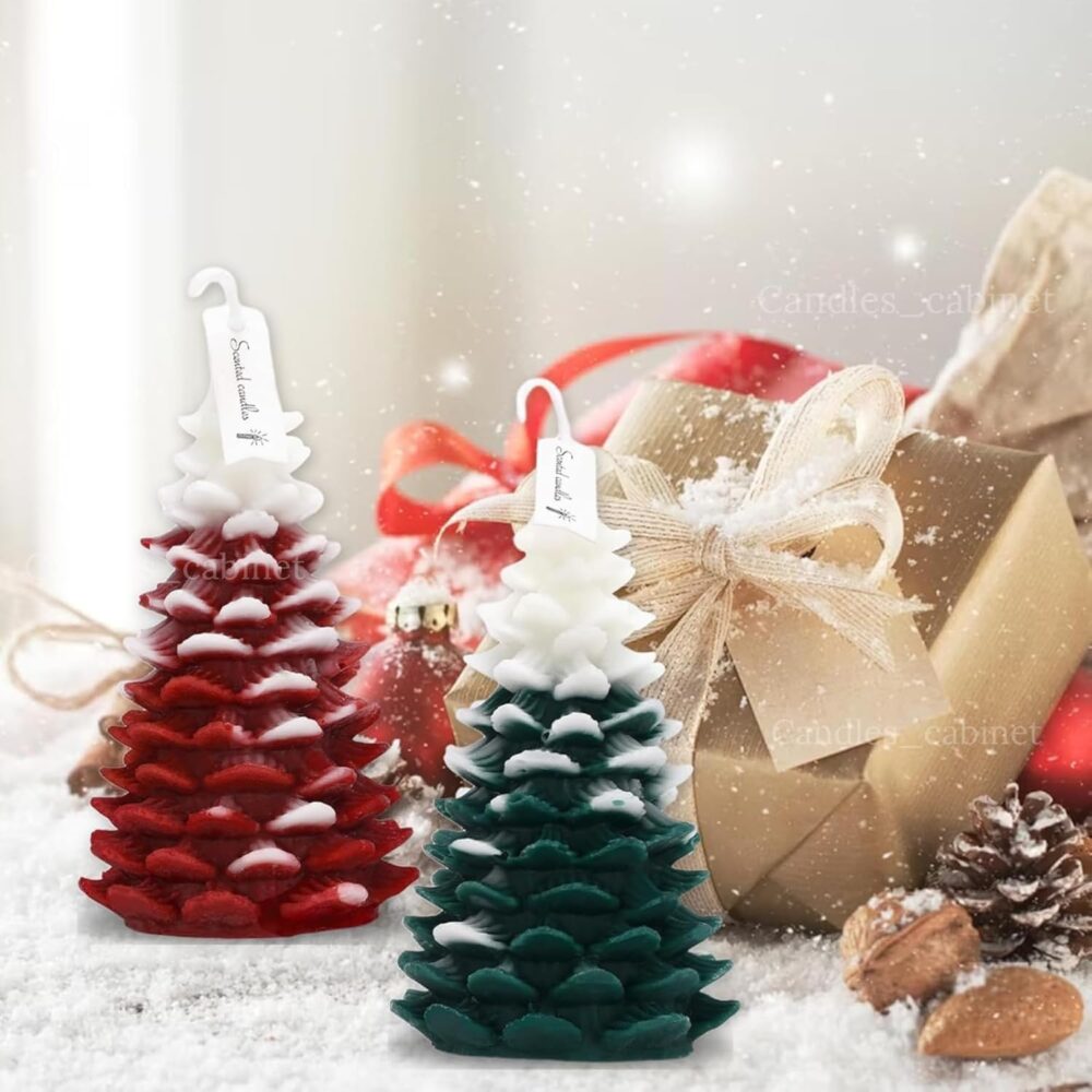 CANDLE_CABINETS 2Pcs Christmas Tree Shaped Candle Set Red White Green Xmas Wax Scented Candles for Winter Holiday Party New Year Table Decor Gifts, 2 x 2 x 3.7 in - Image 5
