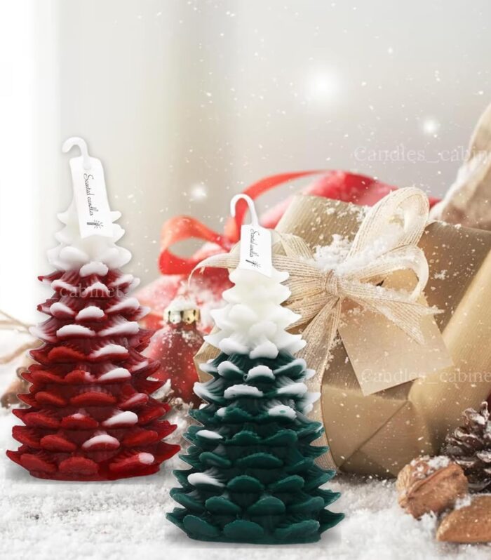CANDLE_CABINETS 2Pcs Christmas Tree Shaped Candle Set Red White Green Xmas Wax Scented Candles for Winter Holiday Party New Year Table Decor Gifts, 2 x 2 x 3.7 in