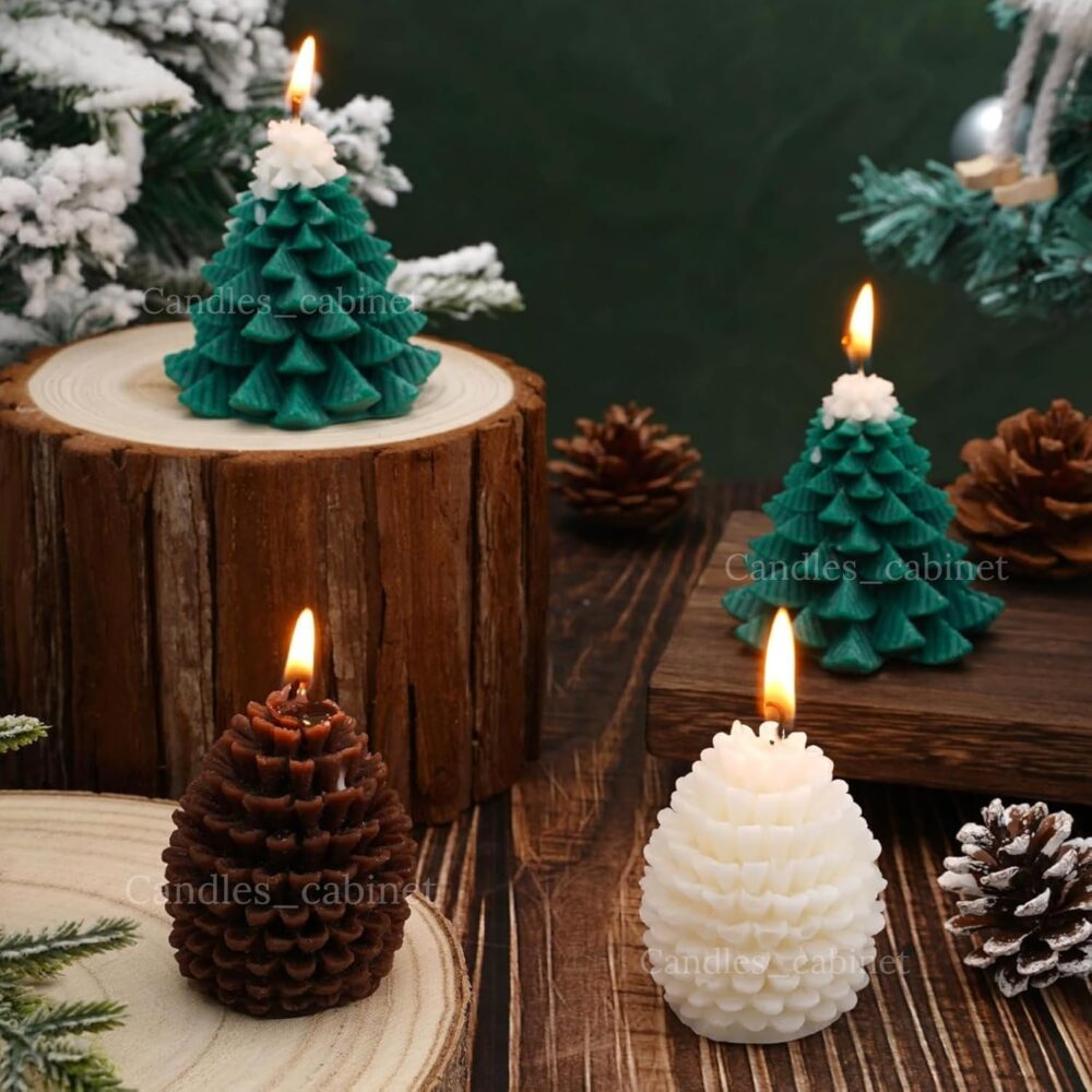 CANDLE_CABINETS 4Pcs Christmas Tree Pinecone Shaped Candle Set White Brown Green Xmas Wax Scented Candles for Winter Holiday Party New Year Room Table Decor Gifts Supplies