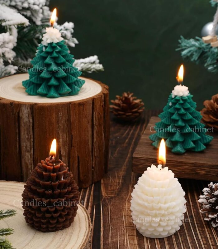 CANDLE_CABINETS 4Pcs Christmas Tree Pinecone Shaped Candle Set White Brown Green Xmas Wax Scented Candles for Winter Holiday Party New Year Room Table Decor Gifts Supplies
