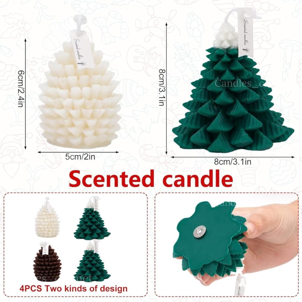 CANDLE_CABINETS 4Pcs Christmas Tree Pinecone Shaped Candle Set White Brown Green Xmas Wax Scented Candles for Winter Holiday Party New Year Room Table Decor Gifts Supplies - Image 2