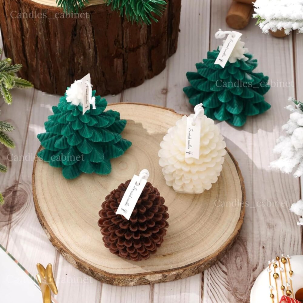 CANDLE_CABINETS 4Pcs Christmas Tree Pinecone Shaped Candle Set White Brown Green Xmas Wax Scented Candles for Winter Holiday Party New Year Room Table Decor Gifts Supplies - Image 3