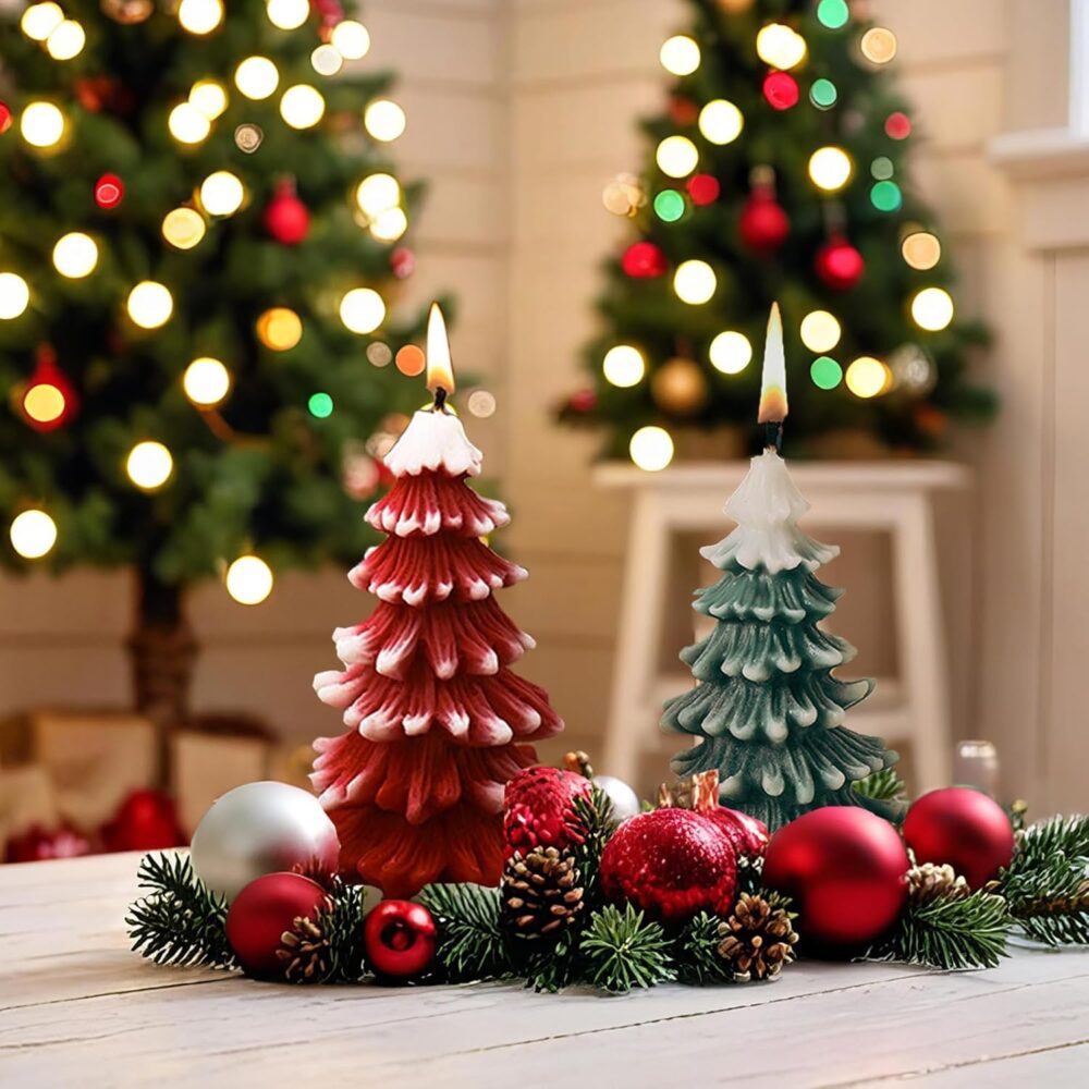 CANDLE_CABINETS 2Pcs Christmas Tree Shaped Candle Set Red White Green Xmas Wax Scented Candles for Winter Holiday Party New Year Table Decor Gifts, 2 x 2 x 3.7 in