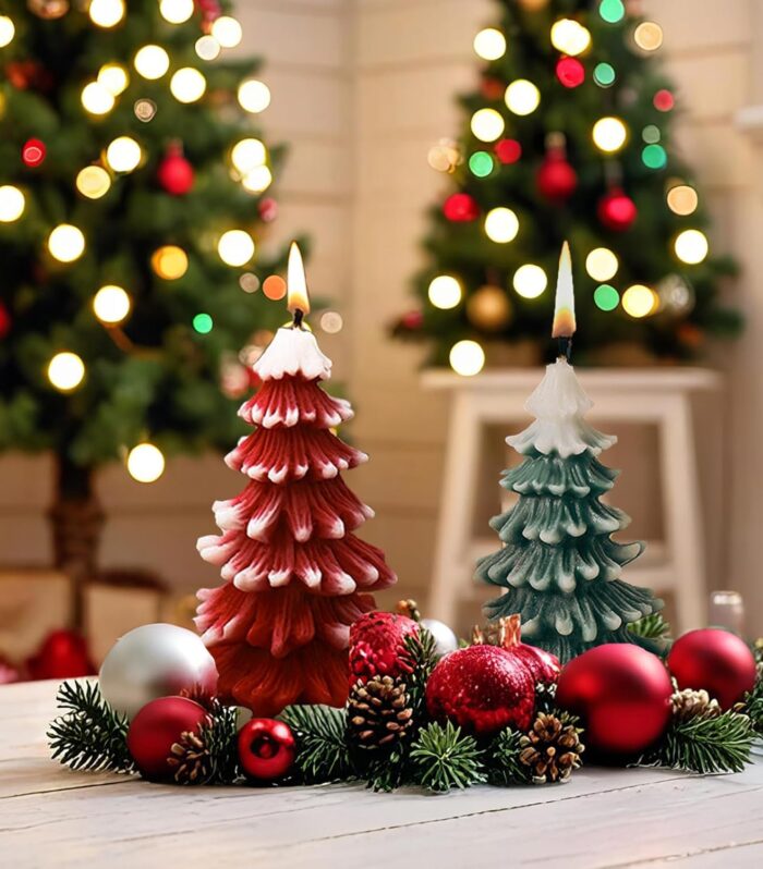 CANDLE_CABINETS 2Pcs Christmas Tree Shaped Candle Set Red White Green Xmas Wax Scented Candles for Winter Holiday Party New Year Table Decor Gifts, 2 x 2 x 3.7 in