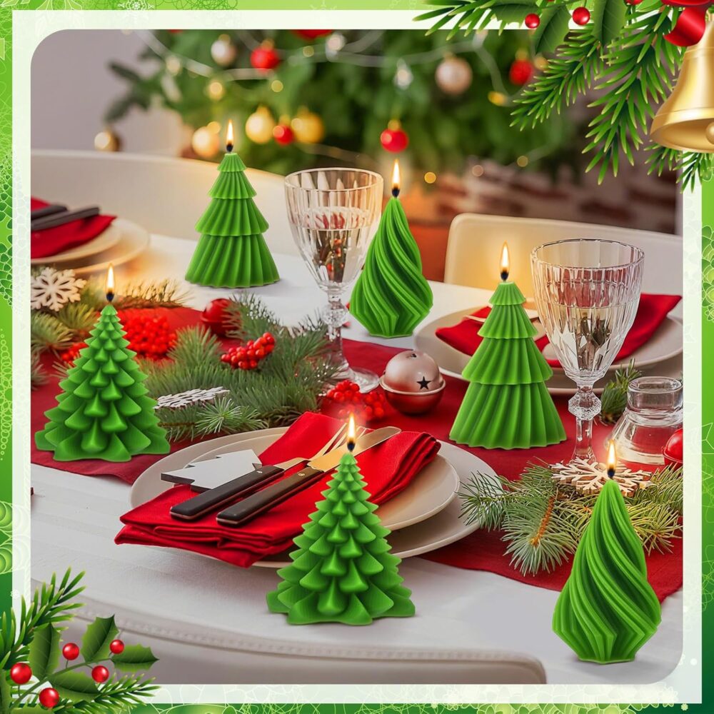CANDLE_CABINETS 6 Pcs Christmas Tree Shaped Candles Christmas Tree Shaped Taper Candlesticks Decorative Xmas Wax Scented Candles Gift for Xmas Eve Winter Kwanzaa Decor(Green,Mixed Style) - Image 4