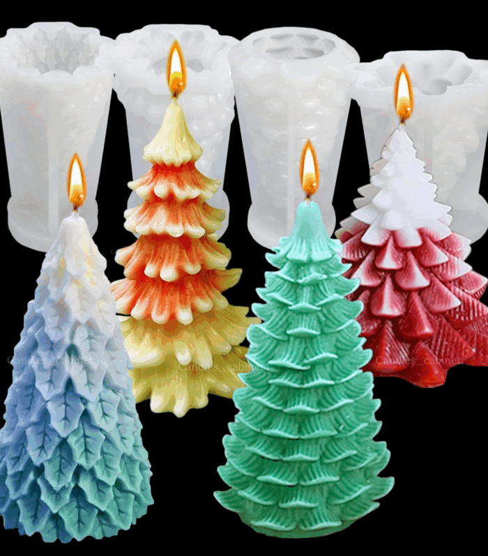 4PCS Christmas Tree Silicone Mold, 3D Candle Molds for Candle Making, Tree Shaped Silicone Epoxy Resin Mold, Ornament Mould for DIY Wax Candle Soap Art Craft Cake Chocolate Home Decor