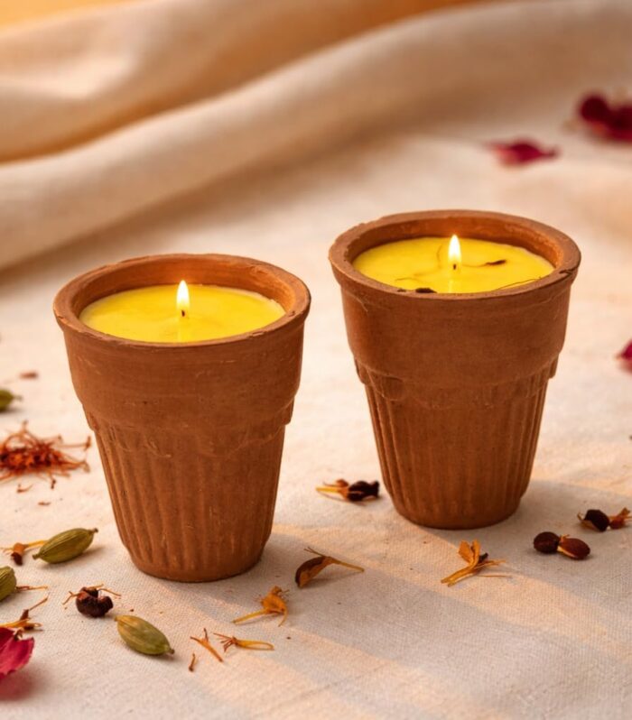Holi Special Thandai Style Terracotta Candles – Infused with Royal Kesar (Saffron) Fragrance – Traditional Clay Kullad Design – Eco-Friendly Festive Gift