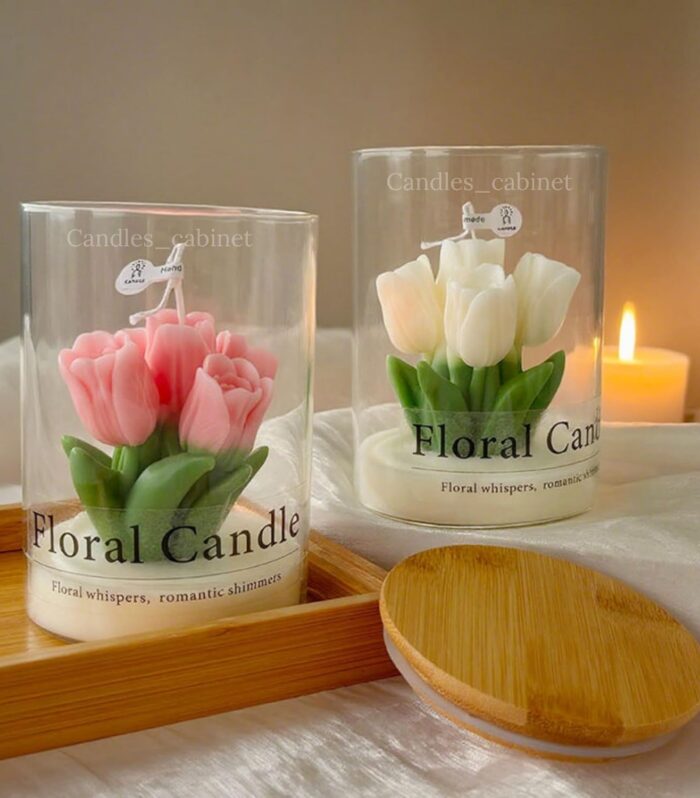 Luxury Tulip Glass Jar Candle – Handmade Floral Soy Wax Aromatherapy – Eco-Friendly Scented Gift for Ramadan, Thanksgiving & Holidays, Candles Gift Set (PINK)